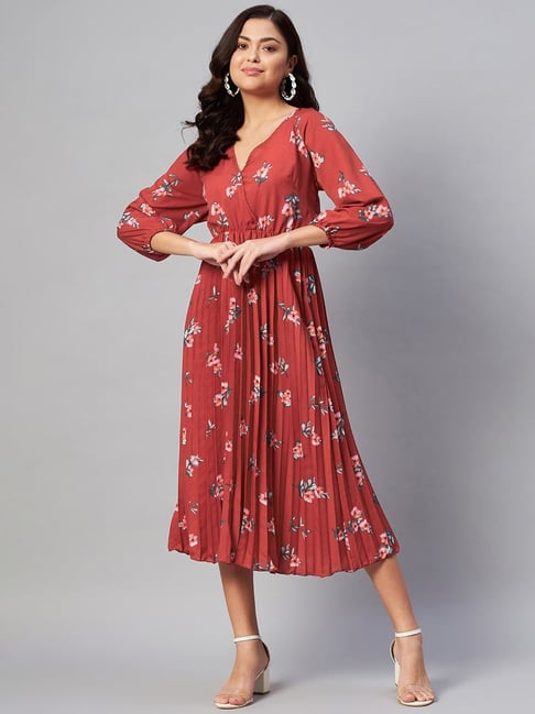 Melon by PlusS Rust Printed Midi A Line Dress Price in India
