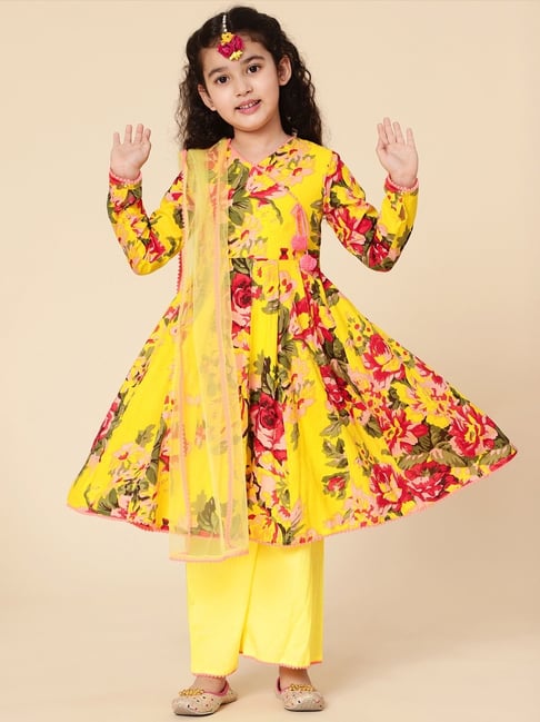 A.T.U.N. Kids Yellow & Pink Cotton Floral Print Full Sleeves Anarkali Set-picture-17