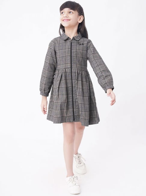 Ed-a-Mamma Kids Grey Cotton Chequered Full Sleeves Dress-image-47