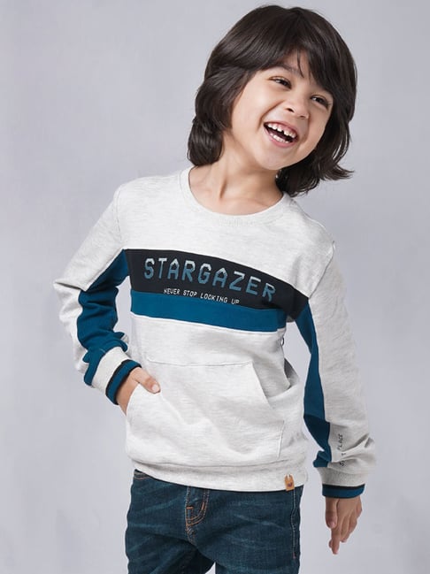 Ed-a-Mamma Kids White & Blue Cotton Color Block Full Sleeves Sweatshirt