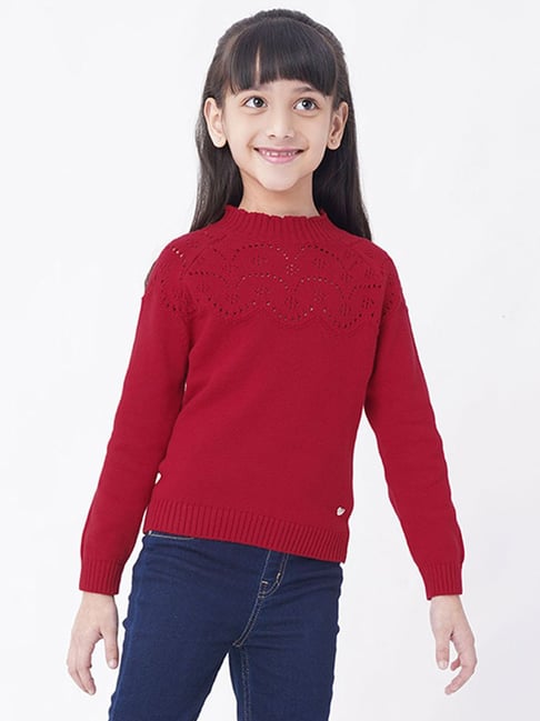 Buy Ed-a-Mamma Kids Red Cotton Self Sweater for Girls Clothing