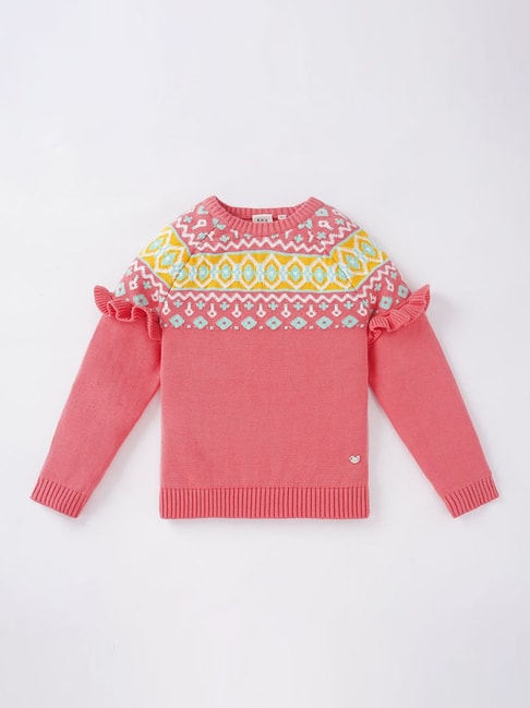 Ed-a-Mamma Kids Pink Cotton Printed Full Sleeves Sweater