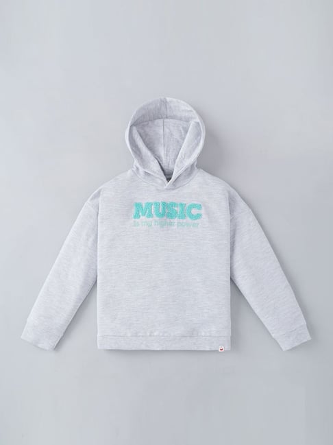 Ed-a-Mamma Kids Grey Green Cotton Embroidered Full Sleeves Hoodie
