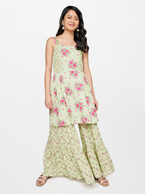 Global Desi Sage Green Floral Print Tunic & Sharara Set Price in India