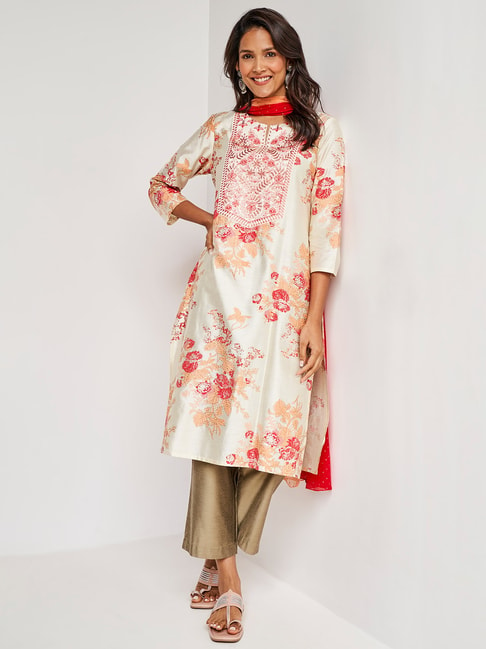 ITSE Off-White Floral Print Kurta with Pant & Dupatta Price in India
