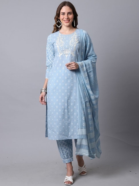 Rajnandini Sky Blue Cotton Printed Kurta Pant Set With Dupatta Price in India