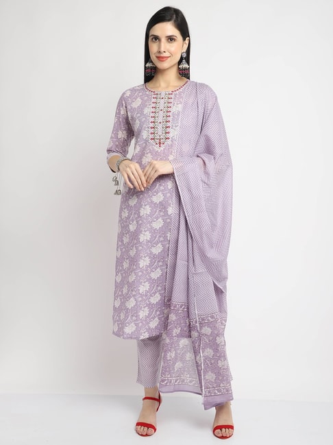 Rajnandini Purple Cotton Embroidered Kurta Pant Set With Dupatta Price in India