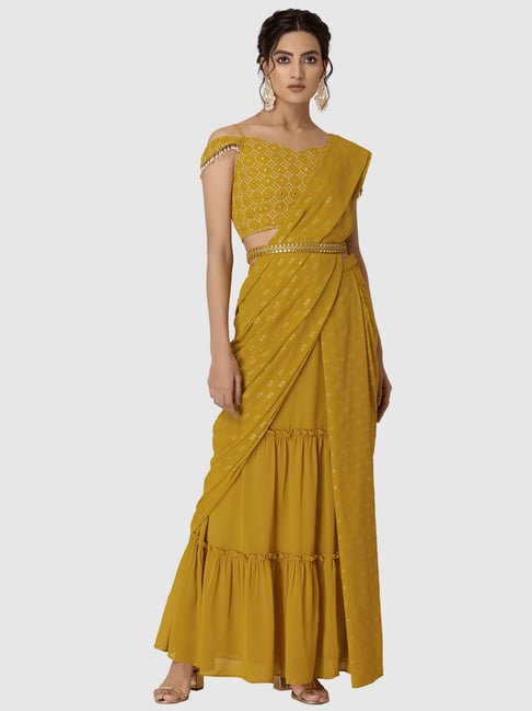 Buy Indya Yellow Printed Ready To Wear Saree With Belt for Women
