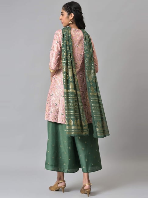 Buy Aurelia Pink Green Embroidered Kurti Palazzo Set With Dupatta for Women Online Tata CLiQ