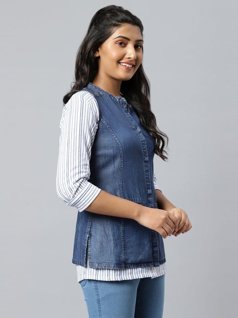 Buy Aureli Blue Cotton Sleeveless Jacket for Women Online Tata CLiQ