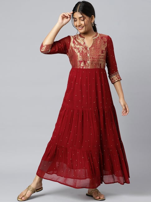 Aurelia Maroon Brocade Pattern Maxi Dress Price in India