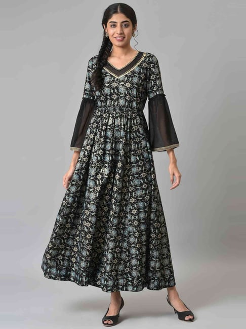 Aurelia Black Floral Print Maxi Dress Price in India