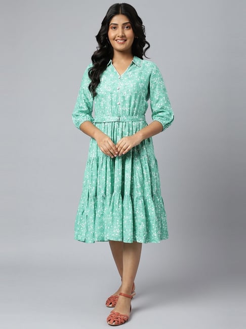 Aurelia Green Printed A-Line Dress Price in India