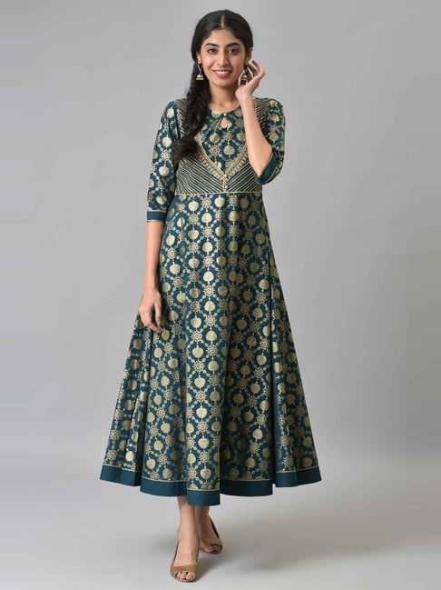 Aurelia Green Cotton Printed Maxi Dress Price in India