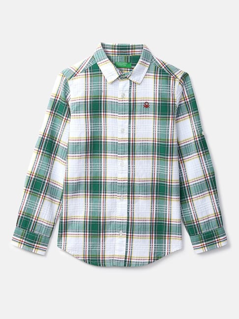 United Colors of Benetton Kids Green & White Cotton Chequered Shirt