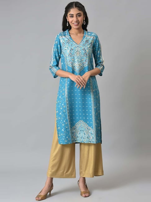 Aurelia Blue Printed Straight Kurta-picture-31