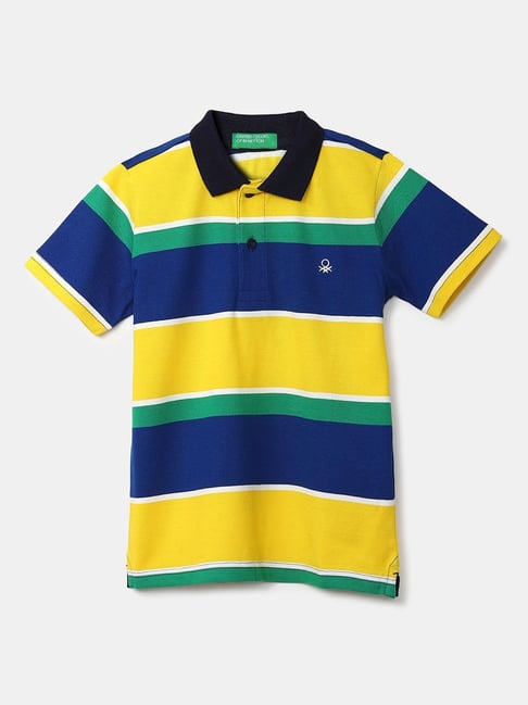 United Colors of Benetton Kids Yellow & Blue Cotton Striped Polo T-Shirt