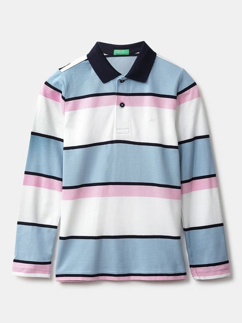 United Colors of Benetton Kids Blue & White Cotton Striped Polo T-Shirt