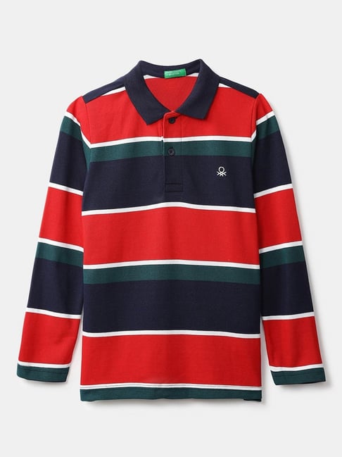 United Colors of Benetton Kids Red & Blue Cotton Striped Polo T-Shirt