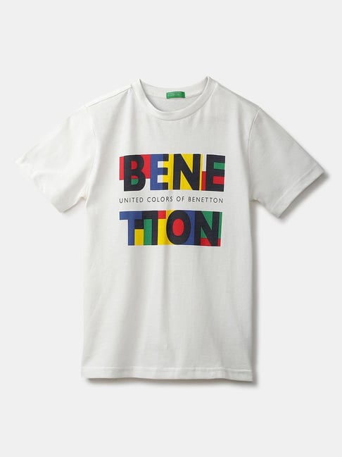 United Colors of Benetton Kids White & Black Cotton Printed T-shirt