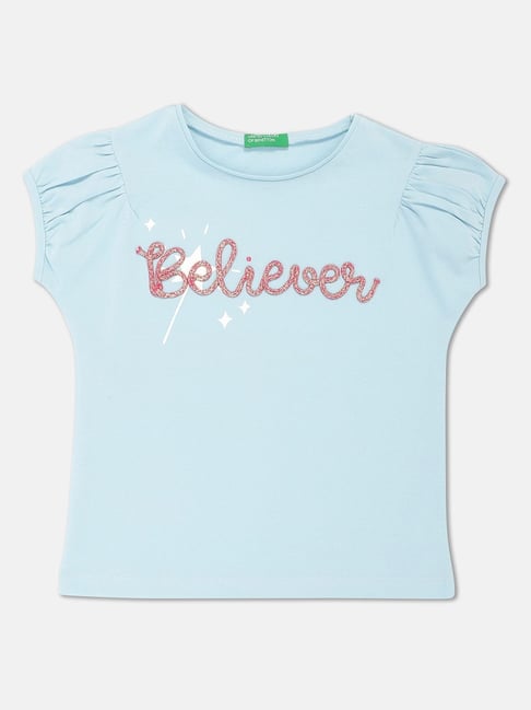 United Colors of Benetton Kids Blue & Pink Cotton Embellished Top