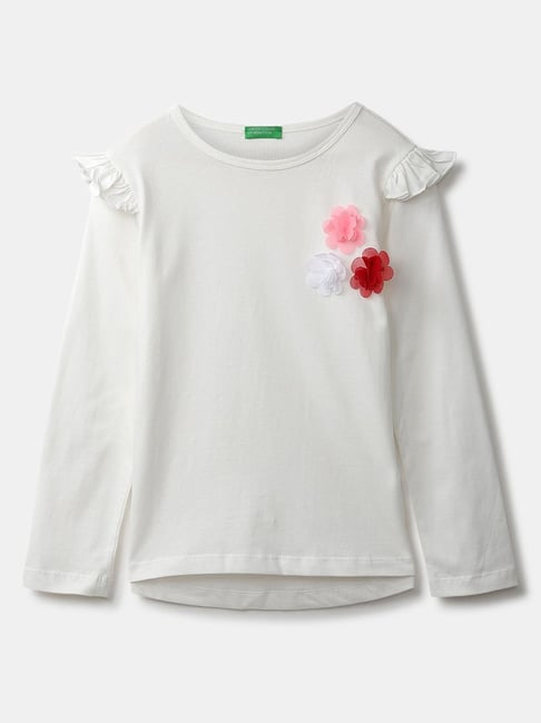 United Colors of Benetton Kids White & Pink Cotton Embellished Top