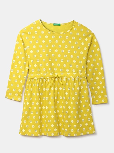 United Colors of Benetton Kids Yellow & White Cotton Floral Print Dress