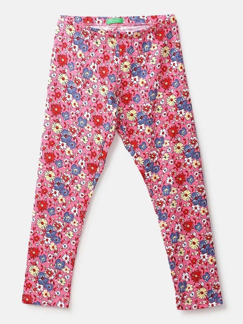 United Colors of Benetton Kids Pink & Yellow Cotton Floral Print Leggings