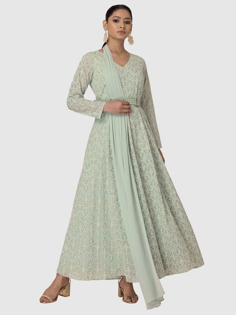 Indya Green Printed Anarkali Belted Kurta With Attached Dupatta Price in India