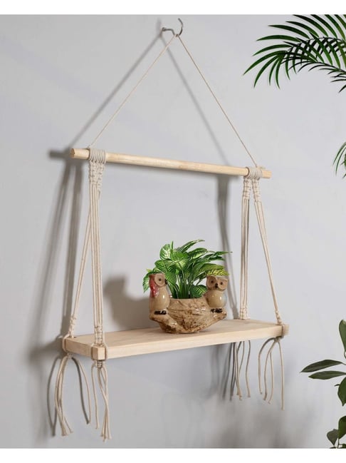 Homesake Macrame Beige Wood Wall Shelf