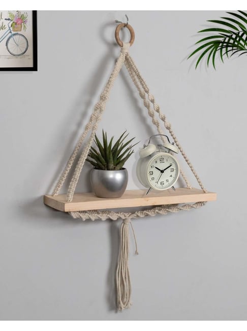 Homesake Macrame Beige Wood Wall Shelf
