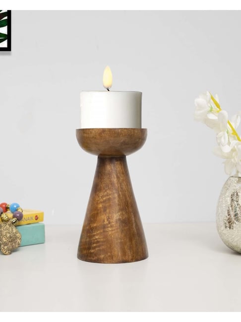Buy Homesake Walnut Cubist Brown Wood Large Pillar Candle Stand at