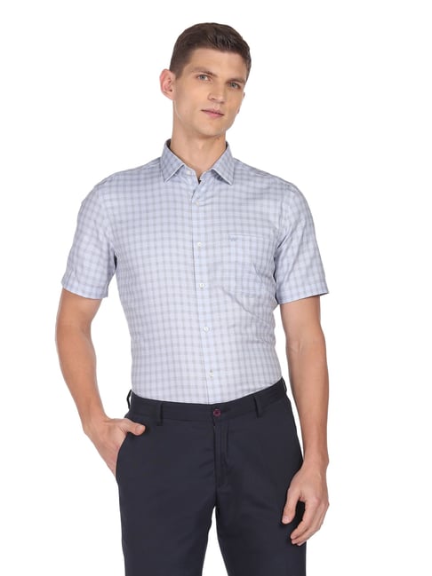 Arrow Light Blue Cotton Regular Fit Checks Shirt