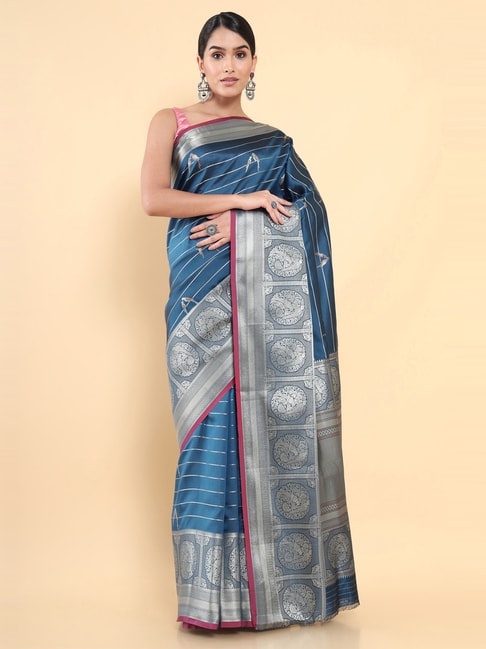 Soch Blue Silk Woven Saree With Unstitched Blouse Price in India