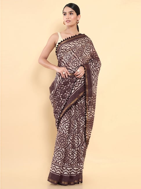 Soch Brown Cotton Printed Saree With Unstitched Blouse Price in India