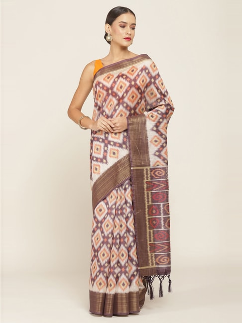 Soch Beige Silk Printed Saree With Unstitched Blouse Price in India