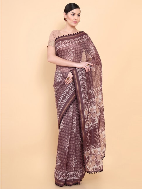 Buy Saree Mall Navy Cotton Linen Printed Saree With Unstitched Blouse for  Women Online @ Tata CLiQ