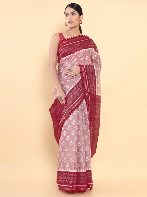 Soch Pink Cotton Printed Saree With Unstitched Blouse Price in India