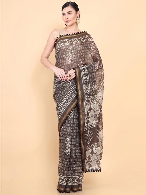 Soch Brown Cotton Printed Saree With Unstitched Blouse Price in India