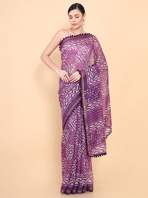 Soch Purple Cotton Printed Saree With Unstitched Blouse Price in India