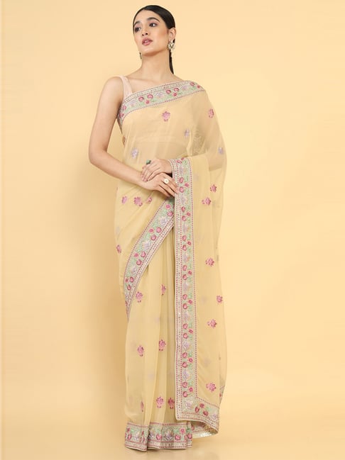 Soch Beige Embroidered Saree With Unstitched Blouse Price in India