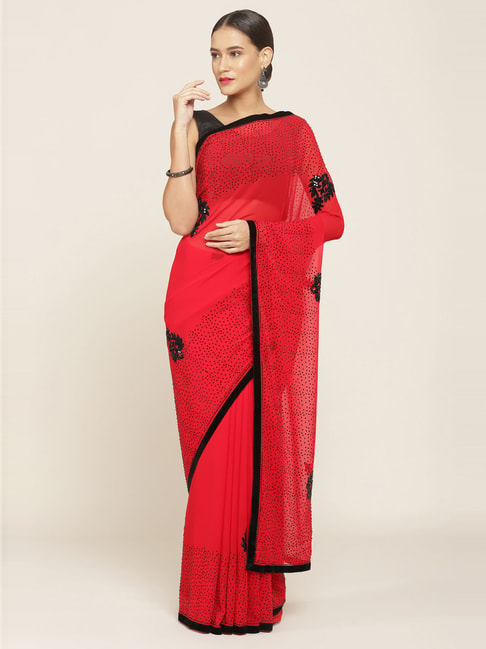 Soch Red Embellished Saree With Unstitched Blouse Price in India