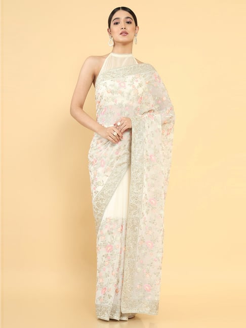 Soch White Embroidered Saree With Unstitched Blouse Price in India