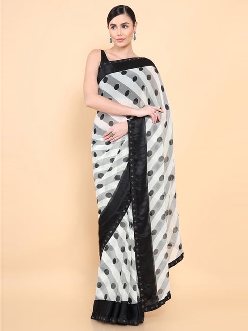 Soch White & Black Printed Saree With Unstitched Blouse Price in India