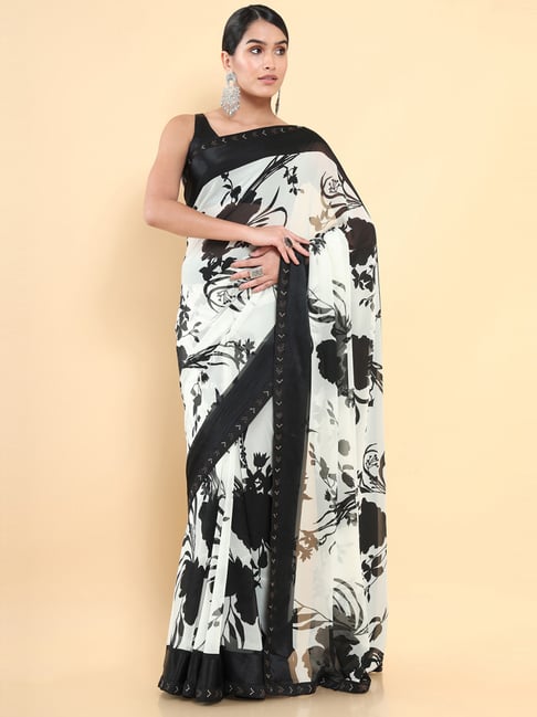 Soch White & Black Floral Print Saree With Unstitched Blouse Price in India