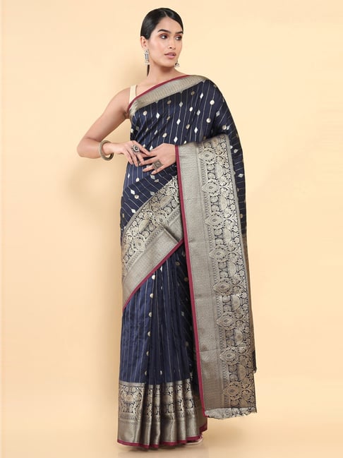 Soch Navy Silk Woven Saree With Unstitched Blouse Price in India