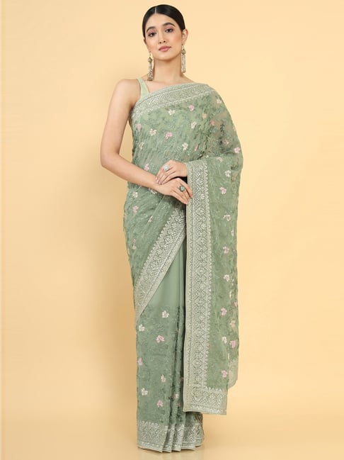 Soch Green Embroidered Saree With Unstitched Blouse Price in India