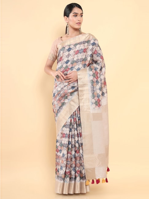 Soch Beige Silk Printed Saree With Unstitched Blouse Price in India
