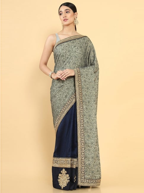 Soch Navy & Green Silk Embroidered Saree With Unstitched Blouse Price in India