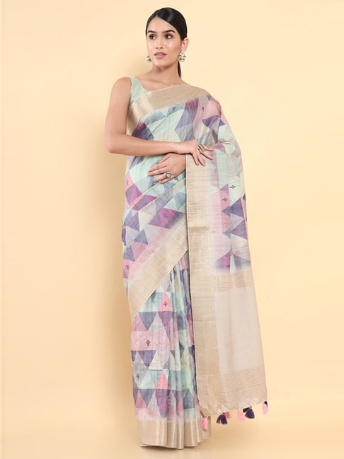 Soch Green Silk Printed Saree With Unstitched Blouse Price in India